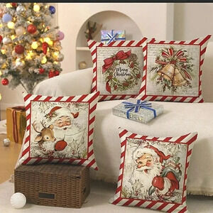 Christmas Holiday Accent Pillow Covers Farmhouse Festival Santa Bells Set Of 4